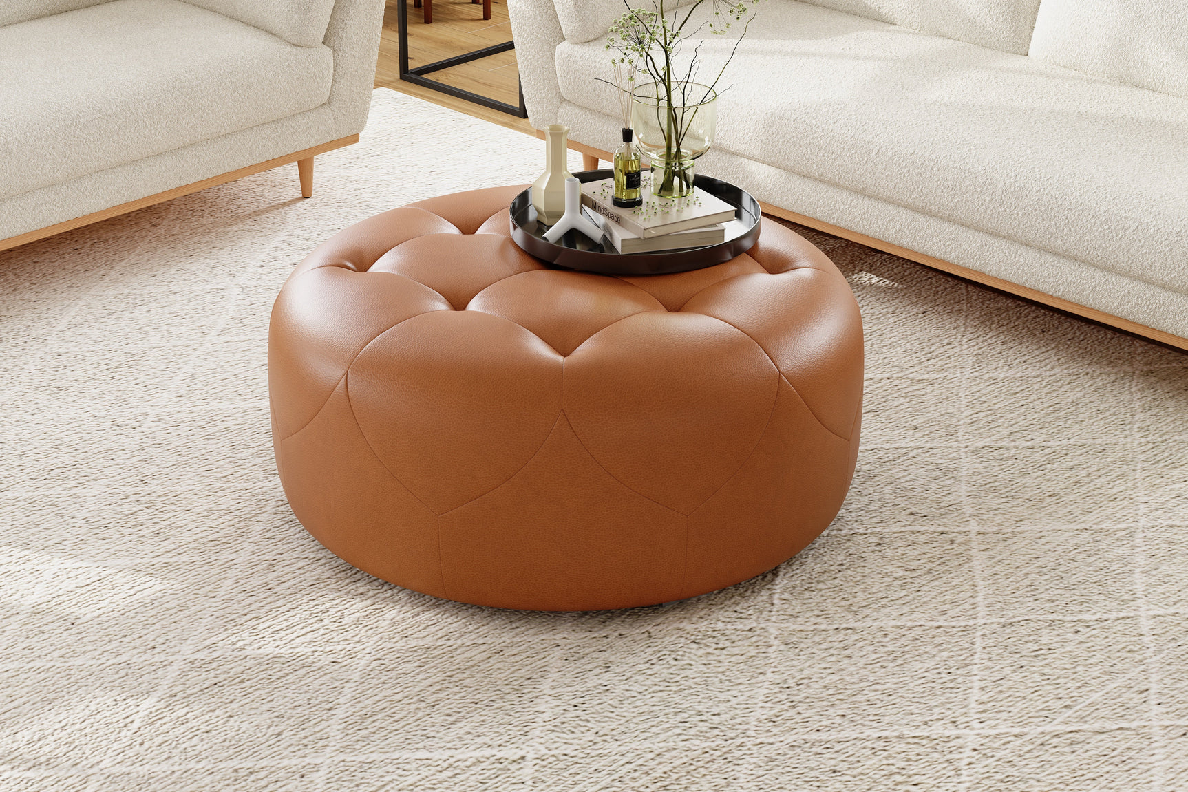 Brandy Round Full Leather Ottoman