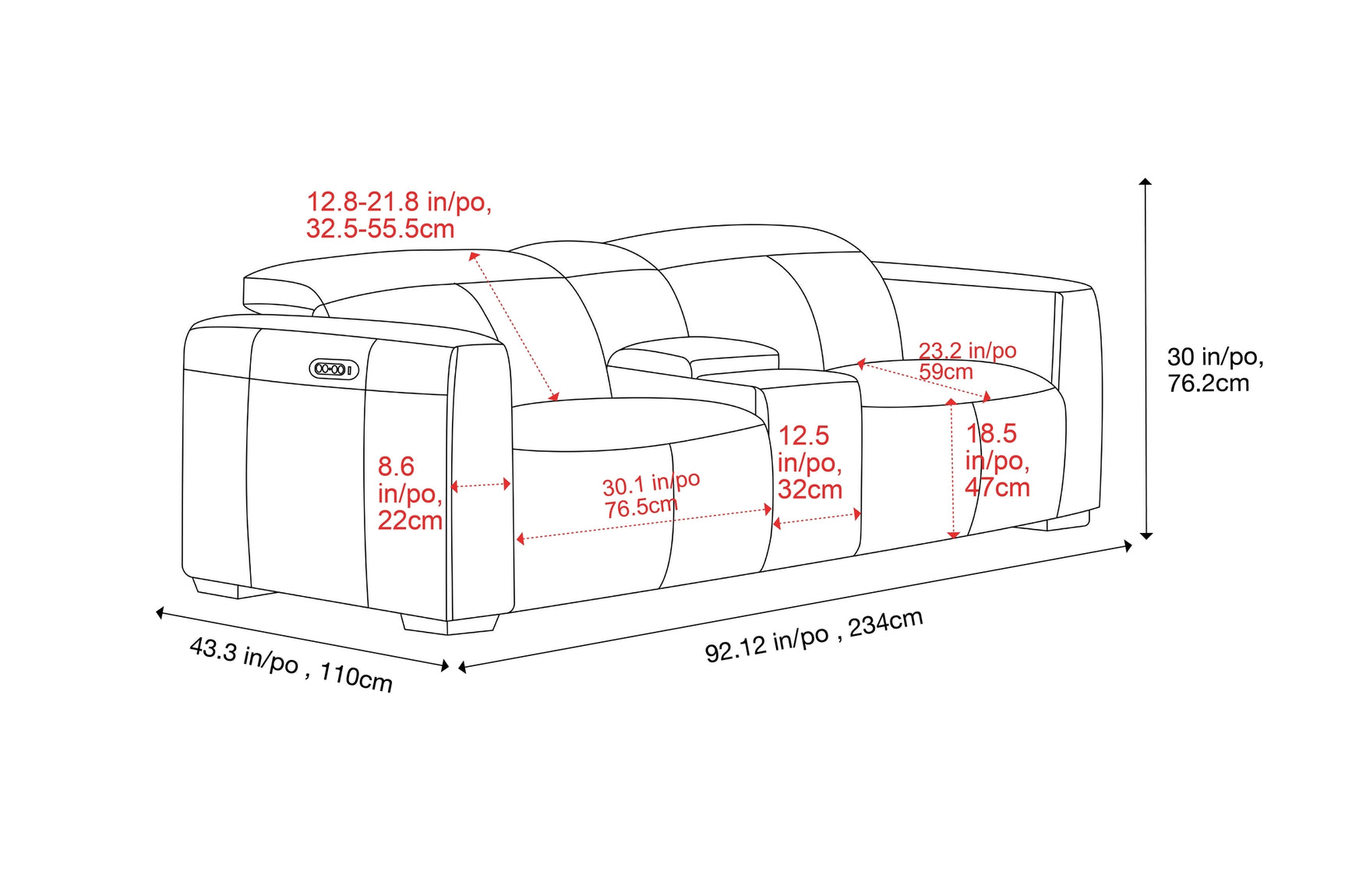 Carmen Leather Dual Recliner Sofa with Console