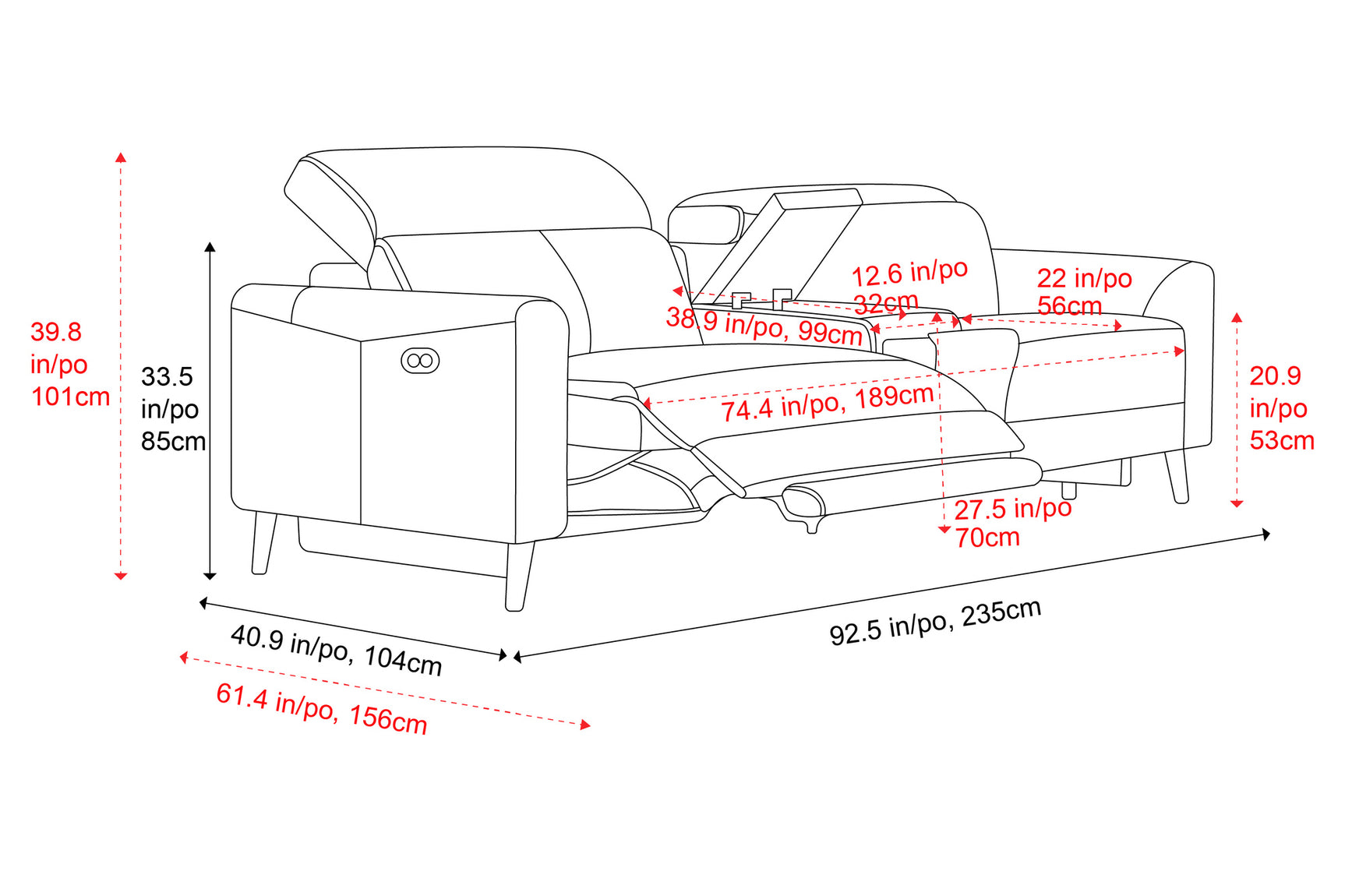 Elodie Leather Dual Recliner Sofa with Console